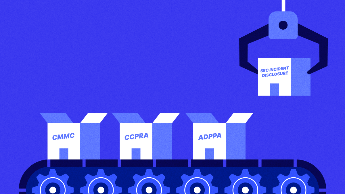 A conveyor belt with boxes marked with various cybersecurity regulations on it.